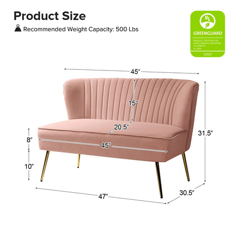 Fuchsia velvet loveseat with tufted back and gold legs in modern decor.
Ivory armless loveseat sofa with mid-century design in studio setup.
Tan velvet 2-seater with flared gold legs styled against a neutral wall.
Close-up of plush velvet texture and fluted backrest detail.
Color swatches displaying Fuchsia, Pink, Ivory, and Tan options.