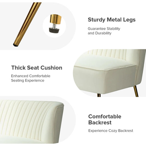 Fuchsia velvet loveseat with tufted back and gold legs in modern decor.
Ivory armless loveseat sofa with mid-century design in studio setup.
Tan velvet 2-seater with flared gold legs styled against a neutral wall.
Close-up of plush velvet texture and fluted backrest detail.
Color swatches displaying Fuchsia, Pink, Ivory, and Tan options.