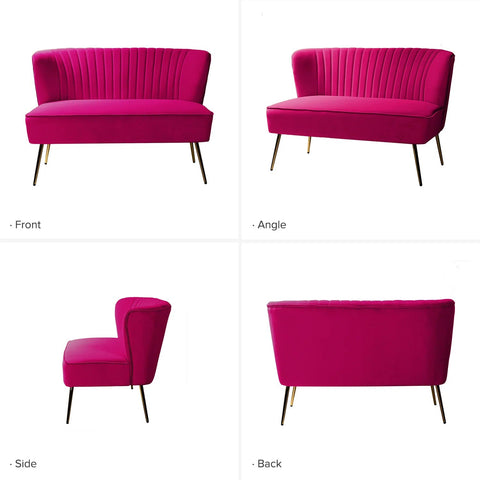 Fuchsia velvet loveseat with tufted back and gold legs in modern decor.
Ivory armless loveseat sofa with mid-century design in studio setup.
Tan velvet 2-seater with flared gold legs styled against a neutral wall.
Close-up of plush velvet texture and fluted backrest detail.
Color swatches displaying Fuchsia, Pink, Ivory, and Tan options.