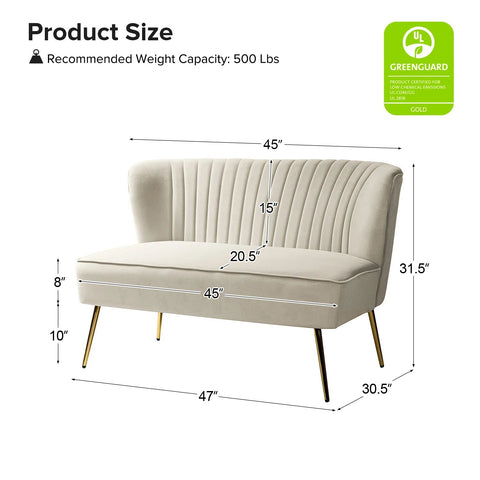 Fuchsia velvet loveseat with tufted back and gold legs in modern decor.
Ivory armless loveseat sofa with mid-century design in studio setup.
Tan velvet 2-seater with flared gold legs styled against a neutral wall.
Close-up of plush velvet texture and fluted backrest detail.
Color swatches displaying Fuchsia, Pink, Ivory, and Tan options.