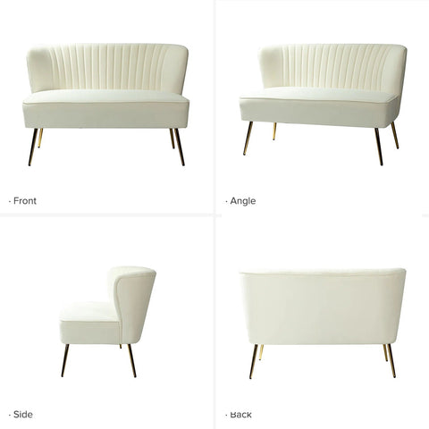Fuchsia velvet loveseat with tufted back and gold legs in modern decor.
Ivory armless loveseat sofa with mid-century design in studio setup.
Tan velvet 2-seater with flared gold legs styled against a neutral wall.
Close-up of plush velvet texture and fluted backrest detail.
Color swatches displaying Fuchsia, Pink, Ivory, and Tan options.