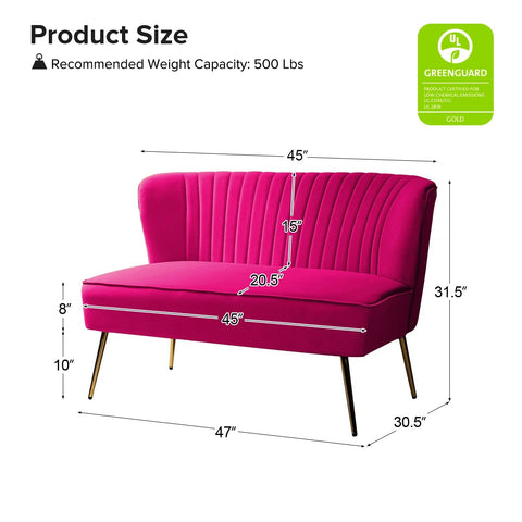 Fuchsia velvet loveseat with tufted back and gold legs in modern decor.
Ivory armless loveseat sofa with mid-century design in studio setup.
Tan velvet 2-seater with flared gold legs styled against a neutral wall.
Close-up of plush velvet texture and fluted backrest detail.
Color swatches displaying Fuchsia, Pink, Ivory, and Tan options.