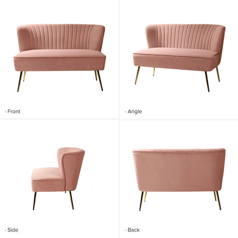 Fuchsia velvet loveseat with tufted back and gold legs in modern decor.
Ivory armless loveseat sofa with mid-century design in studio setup.
Tan velvet 2-seater with flared gold legs styled against a neutral wall.
Close-up of plush velvet texture and fluted backrest detail.
Color swatches displaying Fuchsia, Pink, Ivory, and Tan options.