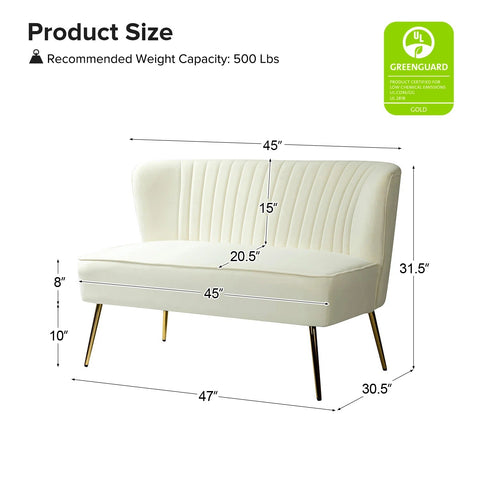 Fuchsia velvet loveseat with tufted back and gold legs in modern decor.
Ivory armless loveseat sofa with mid-century design in studio setup.
Tan velvet 2-seater with flared gold legs styled against a neutral wall.
Close-up of plush velvet texture and fluted backrest detail.
Color swatches displaying Fuchsia, Pink, Ivory, and Tan options.