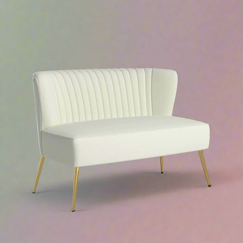 Fuchsia velvet loveseat with tufted back and gold legs in modern decor.
Ivory armless loveseat sofa with mid-century design in studio setup.
Tan velvet 2-seater with flared gold legs styled against a neutral wall.
Close-up of plush velvet texture and fluted backrest detail.
Color swatches displaying Fuchsia, Pink, Ivory, and Tan options.