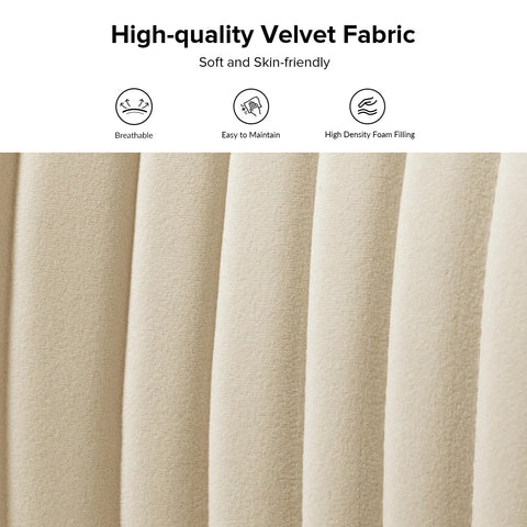 Fuchsia velvet loveseat with tufted back and gold legs in modern decor.
Ivory armless loveseat sofa with mid-century design in studio setup.
Tan velvet 2-seater with flared gold legs styled against a neutral wall.
Close-up of plush velvet texture and fluted backrest detail.
Color swatches displaying Fuchsia, Pink, Ivory, and Tan options.