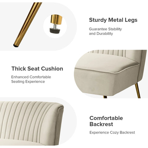 Fuchsia velvet loveseat with tufted back and gold legs in modern decor.
Ivory armless loveseat sofa with mid-century design in studio setup.
Tan velvet 2-seater with flared gold legs styled against a neutral wall.
Close-up of plush velvet texture and fluted backrest detail.
Color swatches displaying Fuchsia, Pink, Ivory, and Tan options.