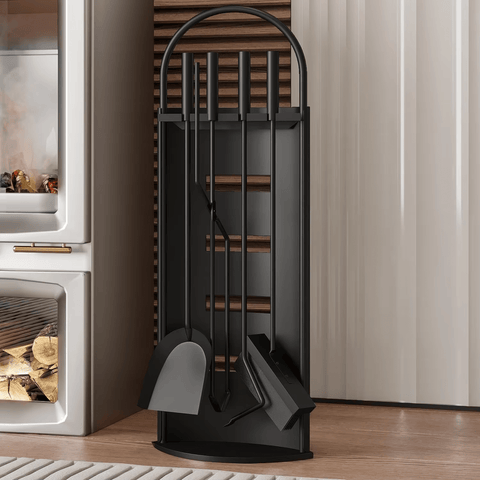 5 - Piece Black Fireplace Tool Set with Stand – Heavy Duty Steel, Minimalist Design 0284812 - with | Sold by Uncle Wiener's Wholesale