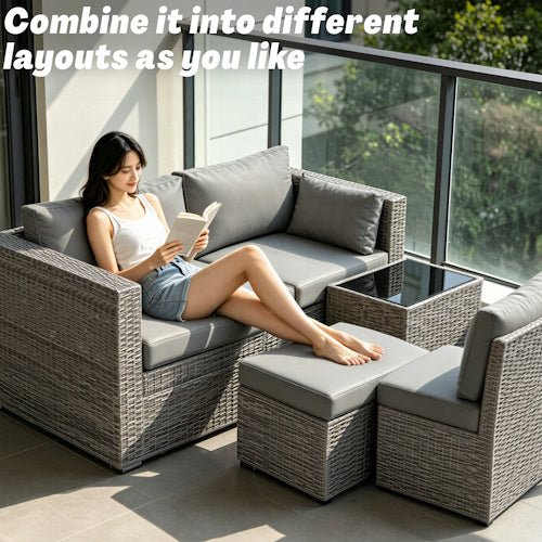 5-Piece PE Rattan Outdoor Patio Conversation Set with Cushions, Ottoman & Tempered Glass Coffee Table AMRS355 - with | Sold by Uncle Wiener's Wholesale