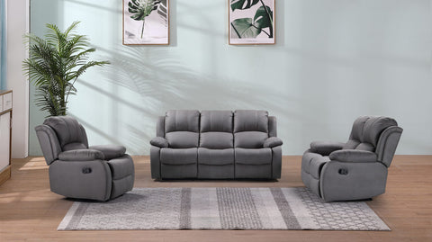 3-piece recliner set – Nubuck air leather in black
Reclining loveseat and chair with padded arms
Reclining living room furniture set – gray
Close-up of faux leather texture on modern recliner
Full living room setup featuring 3 recliner pieces