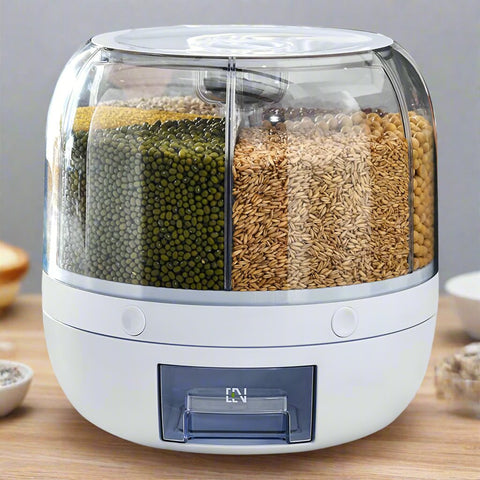 6 - Compartment Rotating Cereal & Rice Storage Container – Dry Food Dispenser | SKU: S1263 - Kitchen Equipment with | Sold by Uncle Wiener's Wholesale