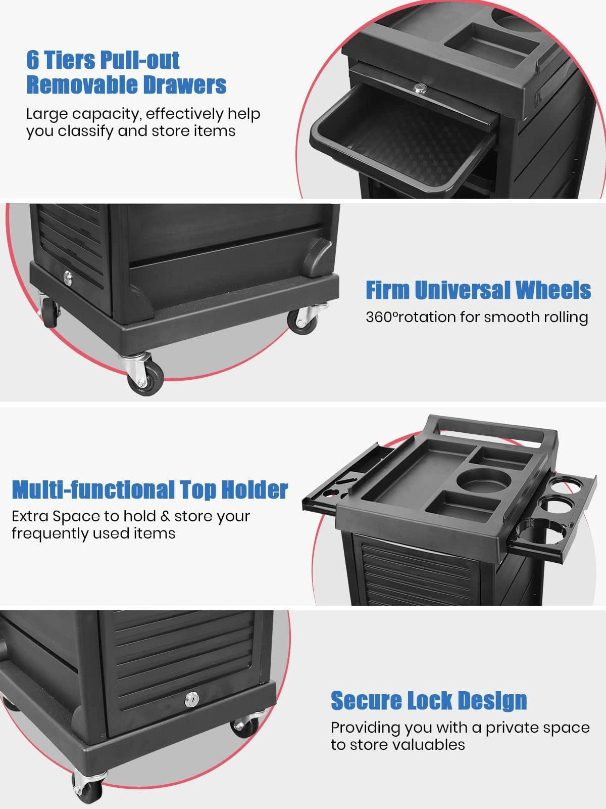6 Tier Salon Beauty Rolling Trolley Cart Black with Drawers SBR580 - with | Sold by Uncle Wiener's Wholesale