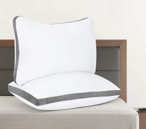 Queen Size Gusseted White Microfiber Pillows 2-Pack
Set of 2 Quilted Pillows with Grey Piping for All Sleep Positions
Medium Firm Bed Pillows for Queen Beds
Gusseted Pillow Design for Better Support and Comfort
Side View of Quilted Pillows Showing Grey Piping Details