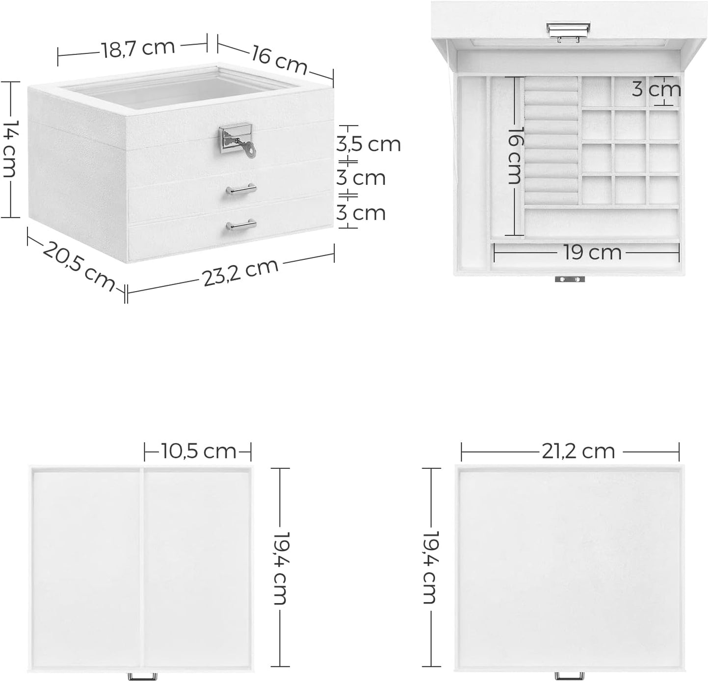 3 Tier Velvet Jewellery Box with Glass Lid, Lockable Jewellery Organizer Case for Rings, Necklaces, Bracelets, Watches and Accessories JBC158