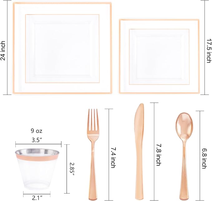 Rose Gold Disposable Dinnerware Set – Square Plastic Plates, Cups & Cutlery for Weddings, Parties, Baby Showers & Special Events