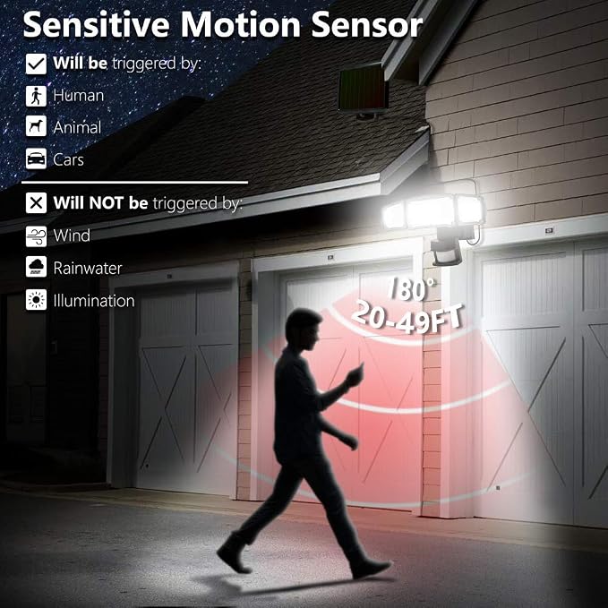 AmeriTop 1600LM Outdoor Solar Motion Sensor Light – 3-Head Adjustable LED Security Flood Light