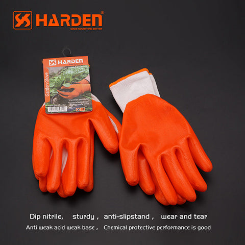 Harden 9 anti-slip garden gloves in gray and black
Comfortable gardening gloves with textured grip palms
Orange heavy-duty gloves for outdoor work
Multi-color work gloves displayed side by side
Durable gloves for gardening and tool handling
Protective gloves for landscaping and farm work