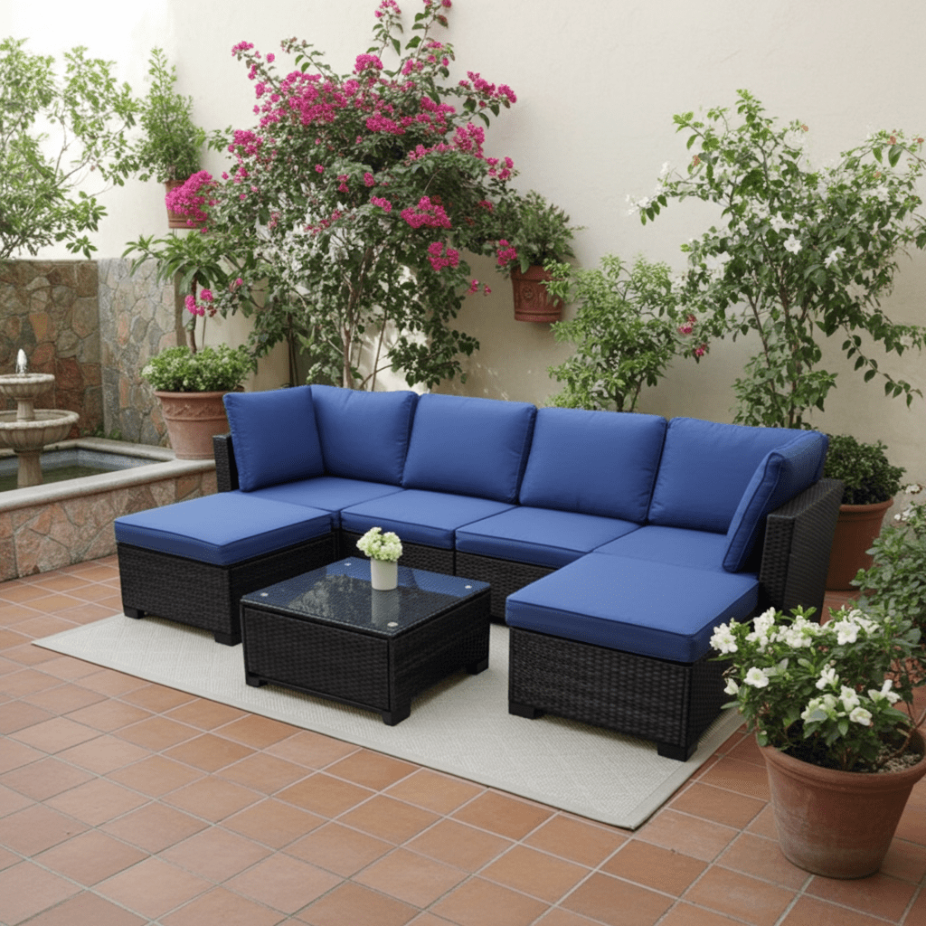 7 - Piece Outdoor Patio Rattan Sectional Sofa Set with Cushions & Coffee Table - with 7 - Piece Sectional with Arm Sofas & Coffee Table | Sold by Uncle Wiener's Wholesale