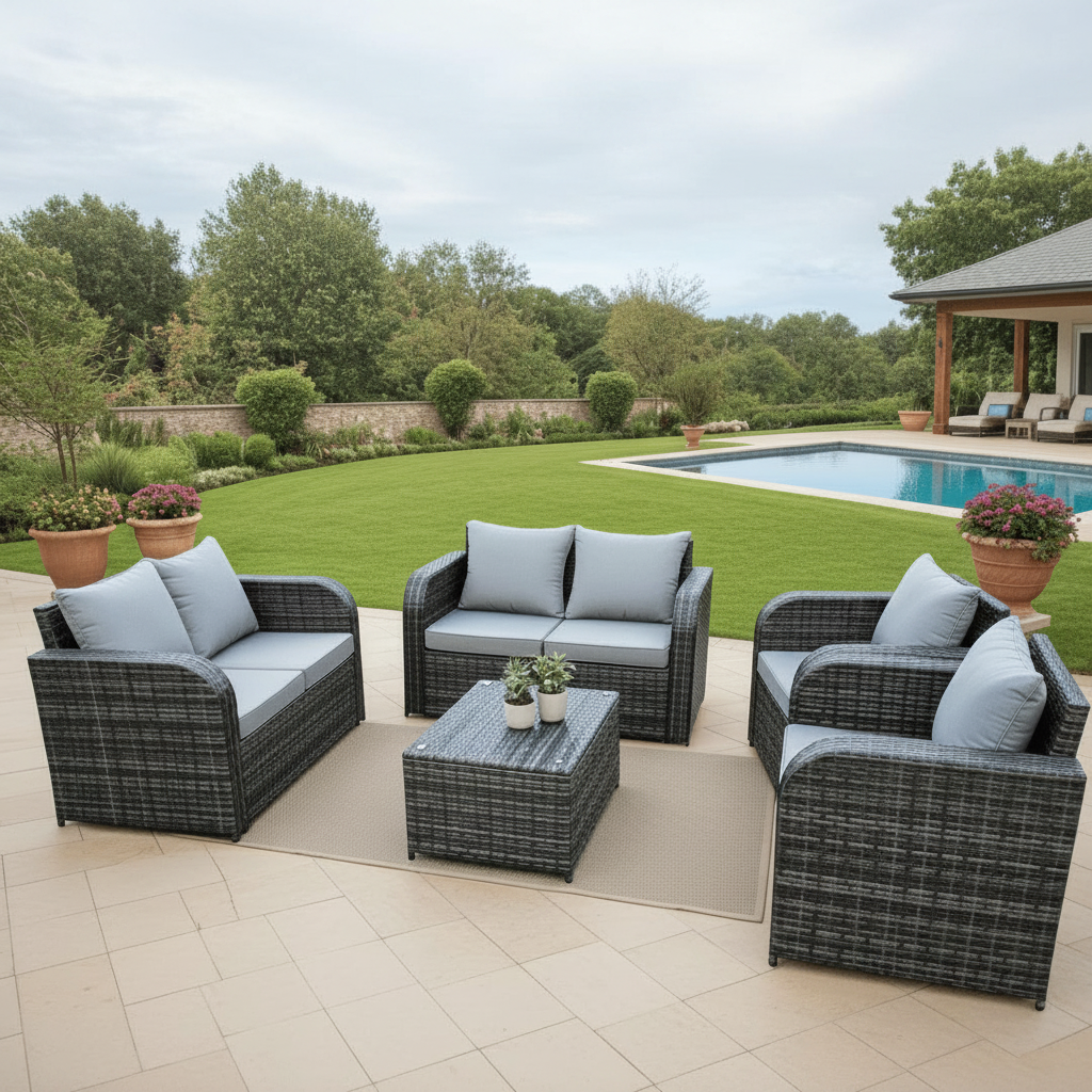 7 - Piece Outdoor Recliner Sofa Set with Table – Weatherproof Rattan & Metal Frame – Model 5S22058 - Furniture with | Sold by Uncle Wiener's Wholesale