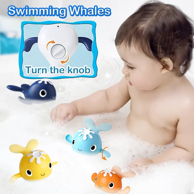 LOYUEGIYO Magnetic Fishing Bath Toy Set – 4 Wind-Up Swimming Whales, Fishing Rod & Frog Net for Toddlers 18 Months+