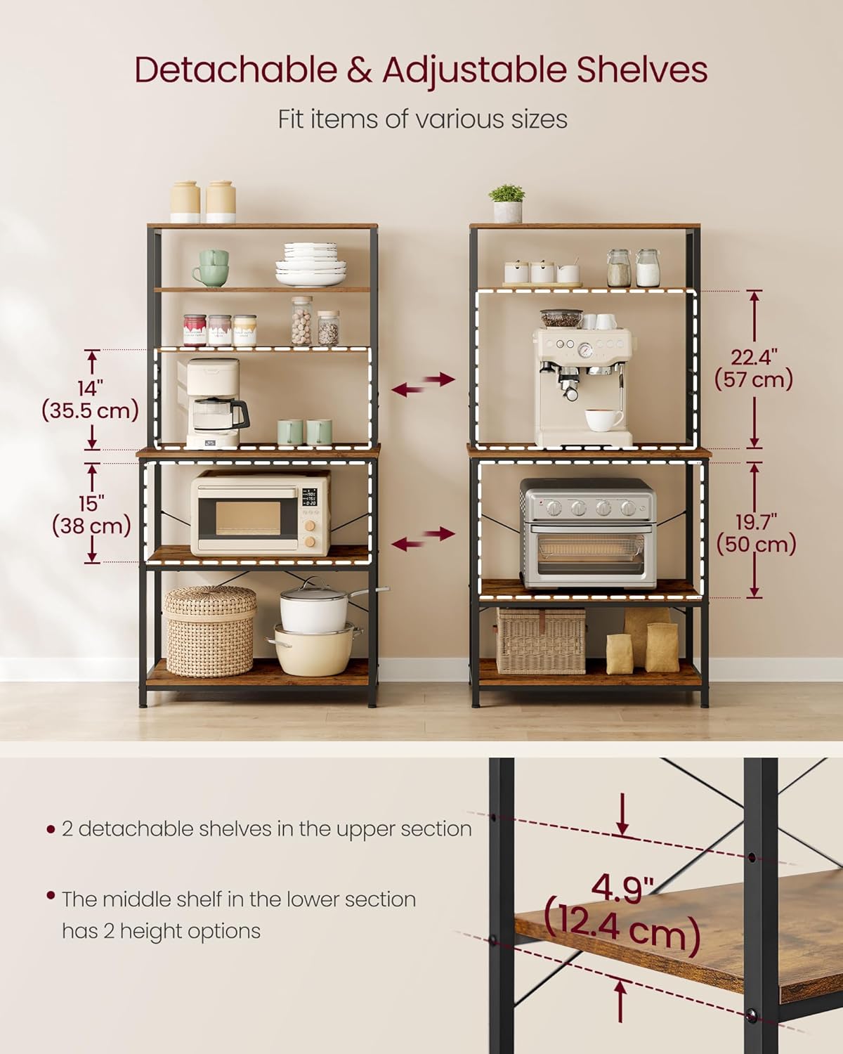 6 Tier Kitchen Baker's Rack with Adjustable Shelf, Microwave Stand, Coffee Bar Station and Storage Shelves with Hooks 31.5" Rustic Brown and Ink Black KKS019B01