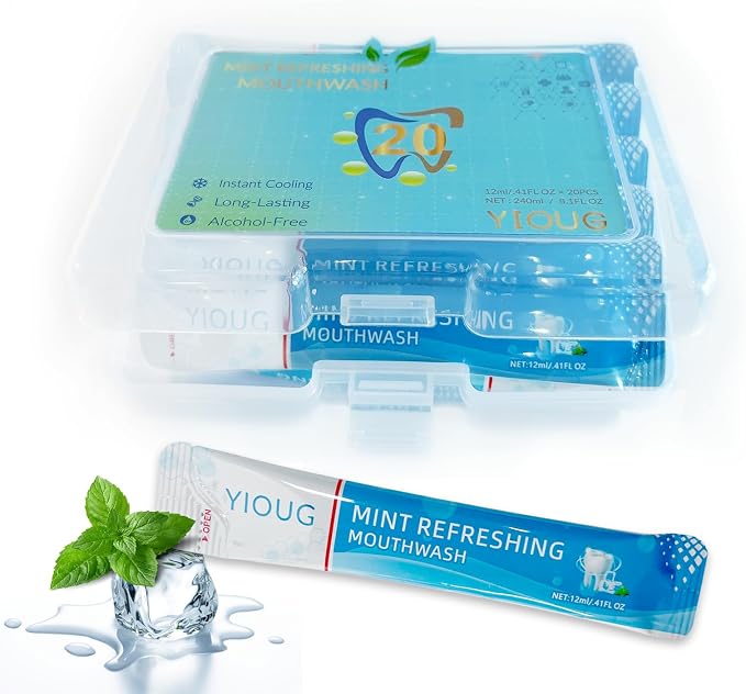 YIOUG Portable Travel Mouthwash Packets – Mint Alcohol-Free Oral Rinse Strips, 20 Count