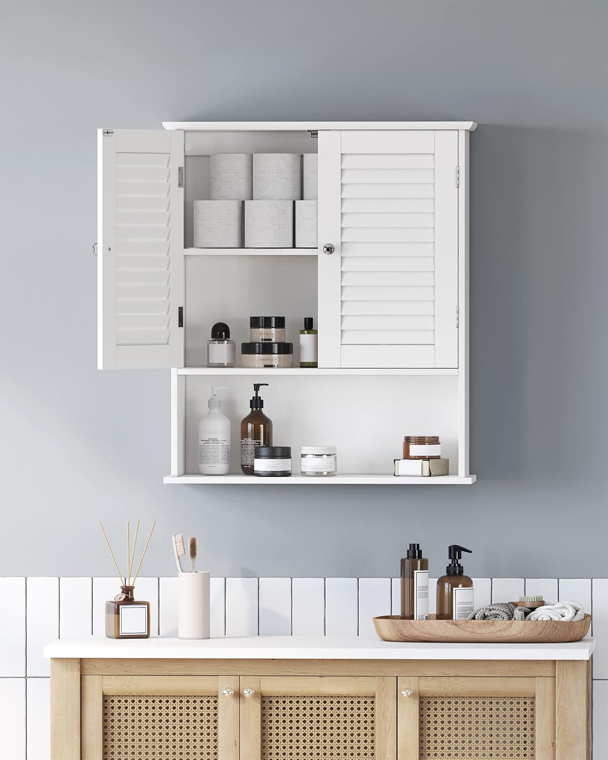 Wall Mounted Bathroom Storage Cabinet with Adjustable Shelf & Open Shelf – White Shutter Door Organizer BBC27WT