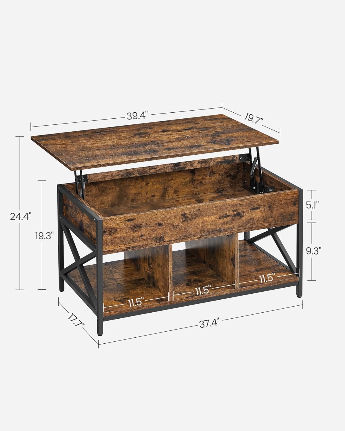 Lift Top Coffee Table with Hidden Storage & 3 Open Shelves – Industrial Living Room Table Rustic Brown & Black LCT202B01V1