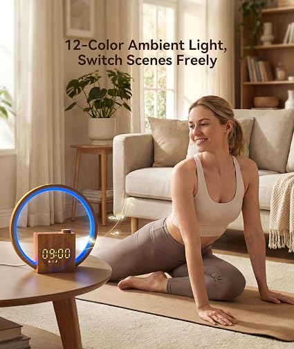 Dreamegg Sunrise Alarm Clock with White Noise Machine – 25 Sleep Sounds, 12-Colour Wake-Up Light, 20 Brightness Levels & Sleep Timer, Wood Grain