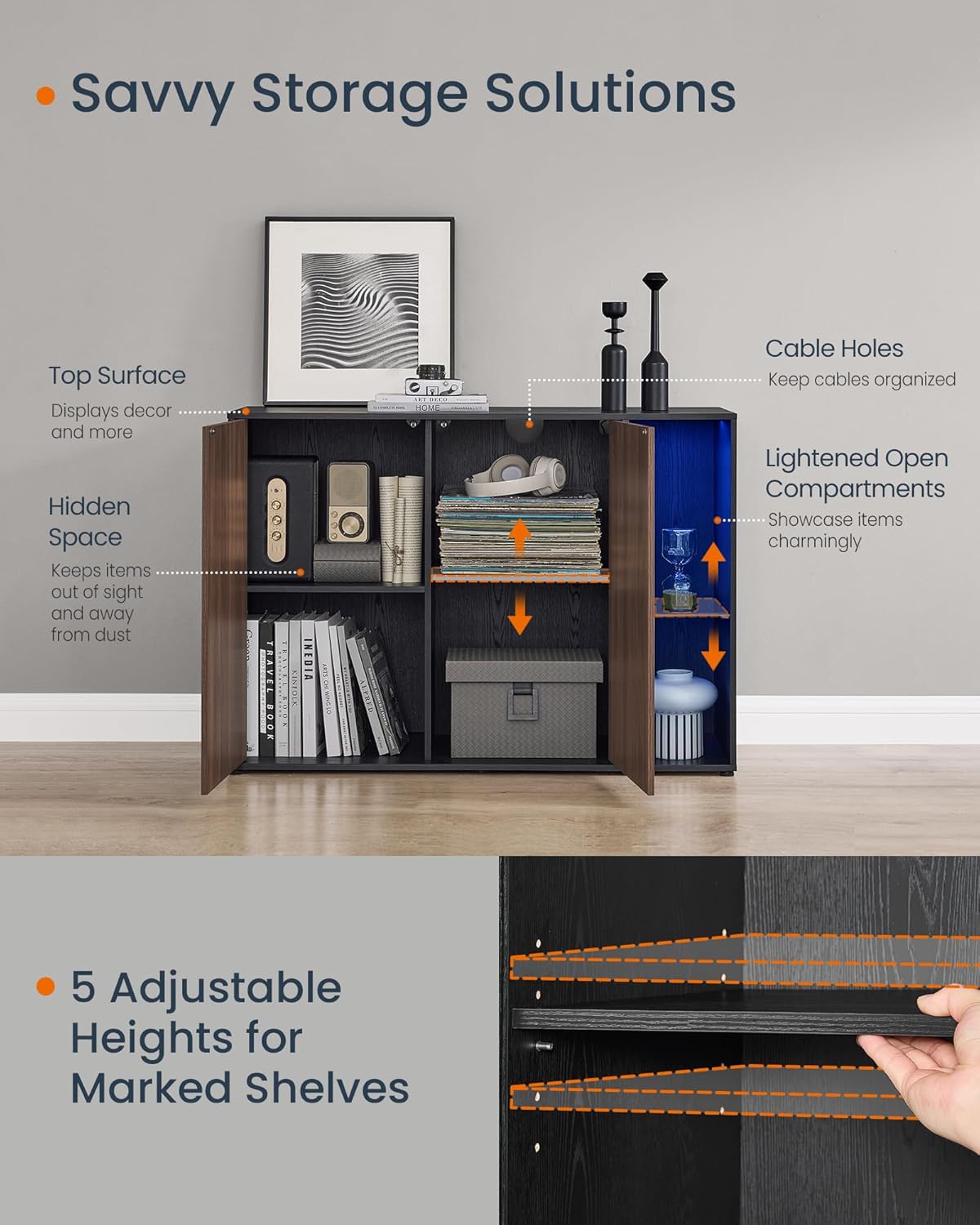 Storage Cabinet with RGB Lighting & Glass Shelf – Modern Buffet Sideboard with Adjustable Shelves Natural Walnut & Ebony Black BBK372B02