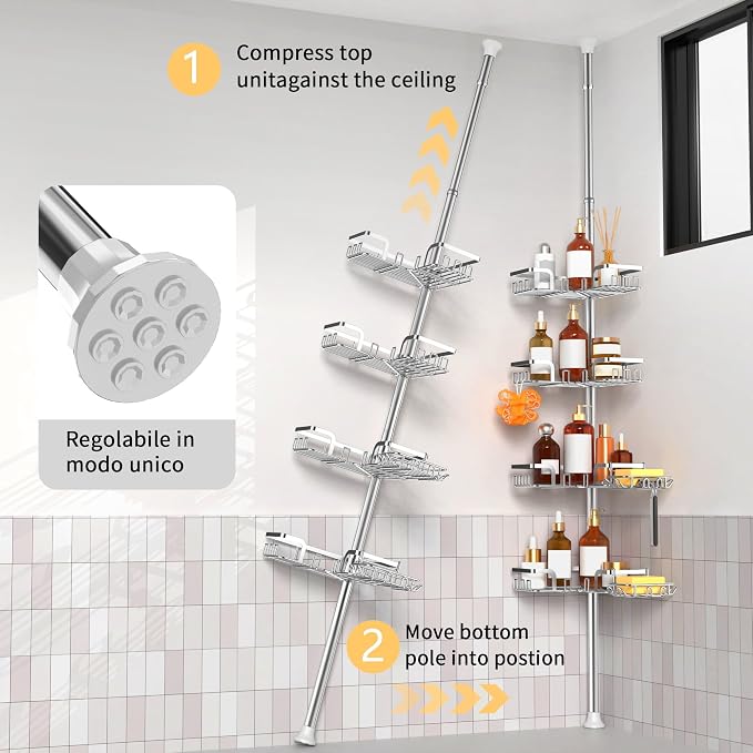 ZUNTO Adjustable Tension Pole Shower Caddy – 5-Tier Rust-Resistant Metal Corner Organizer with 2 Soap Dishes, Floor-to-Ceiling Bathroom Storage