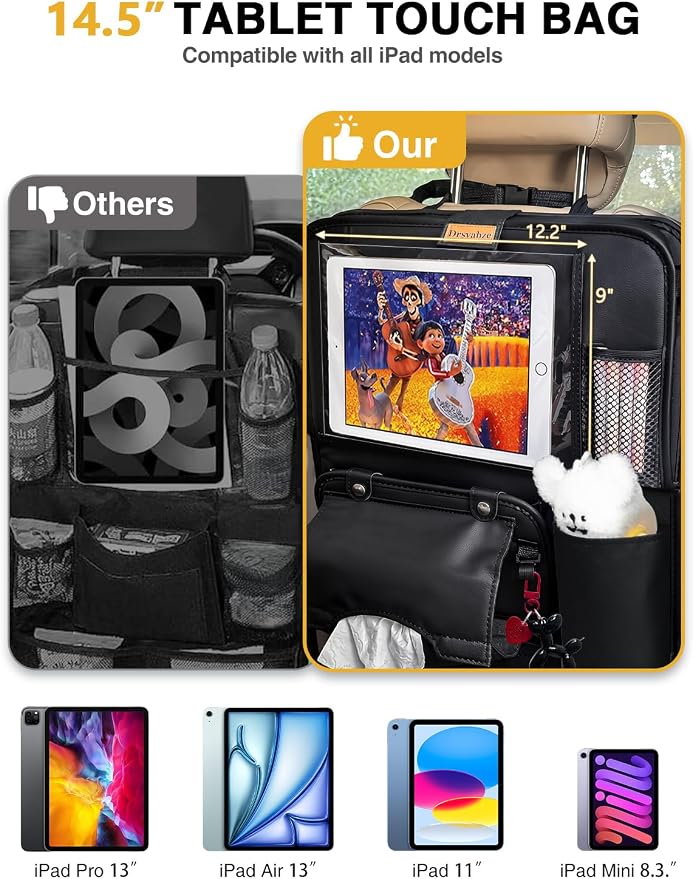 Drsvabze Leather Car Backseat Organizer – Foldable Tray, Tablet Holder, Insulated Storage & Seat Protector, Black
