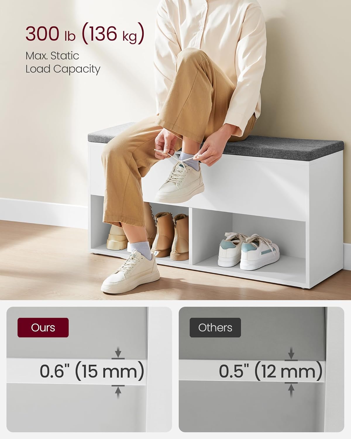 Shoe Storage Bench with Cushion Seat, Entryway Shoe Rack Organizer with Hidden Storage Compartment and Open Shelves White and Gray LHS021W01