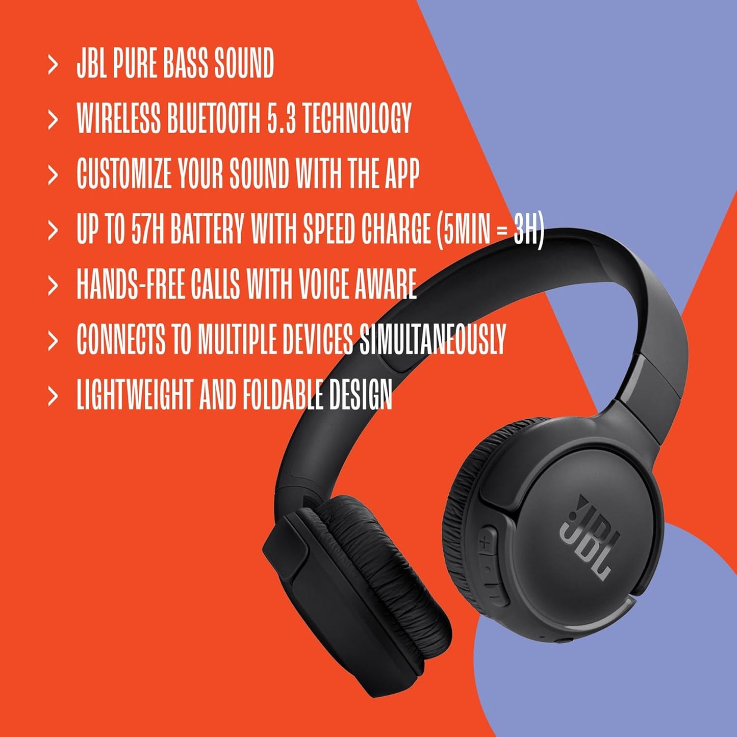 JBL Tune 520BT Wireless On-Ear Bluetooth Headphones – Pure Bass Sound, 57-Hour Battery, Purple