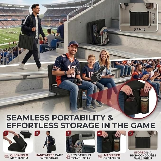Zuqoia Portable Stadium Seat with Back Support – Wide Padded Folding Bleacher Chair with Shoulder Strap, Black