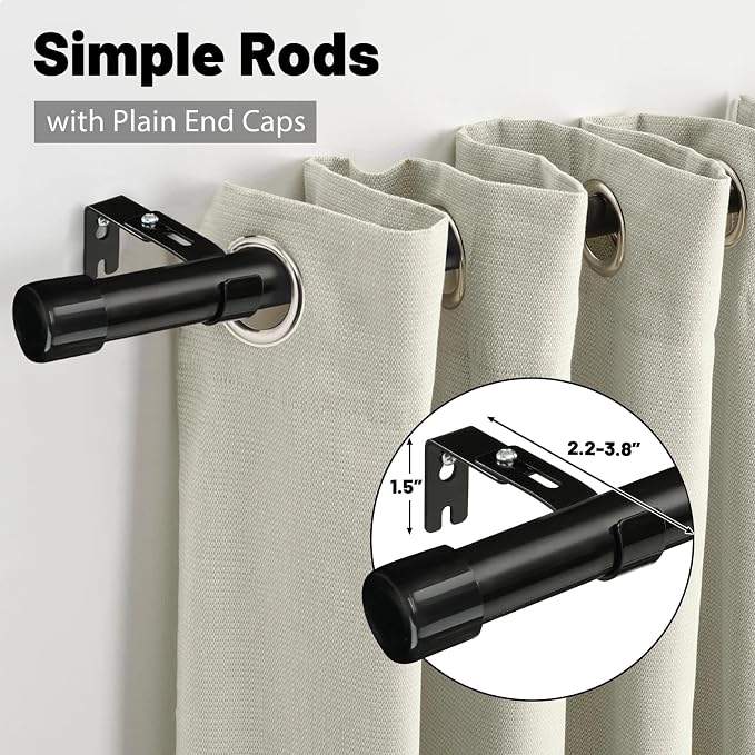 DEROFIT Adjustable Curtain Rod 48–84 Inches – 1-Inch Heavy Duty Black Metal Drapery Rod with Adjustable Wall Brackets for Bedroom, Living Room & Windows