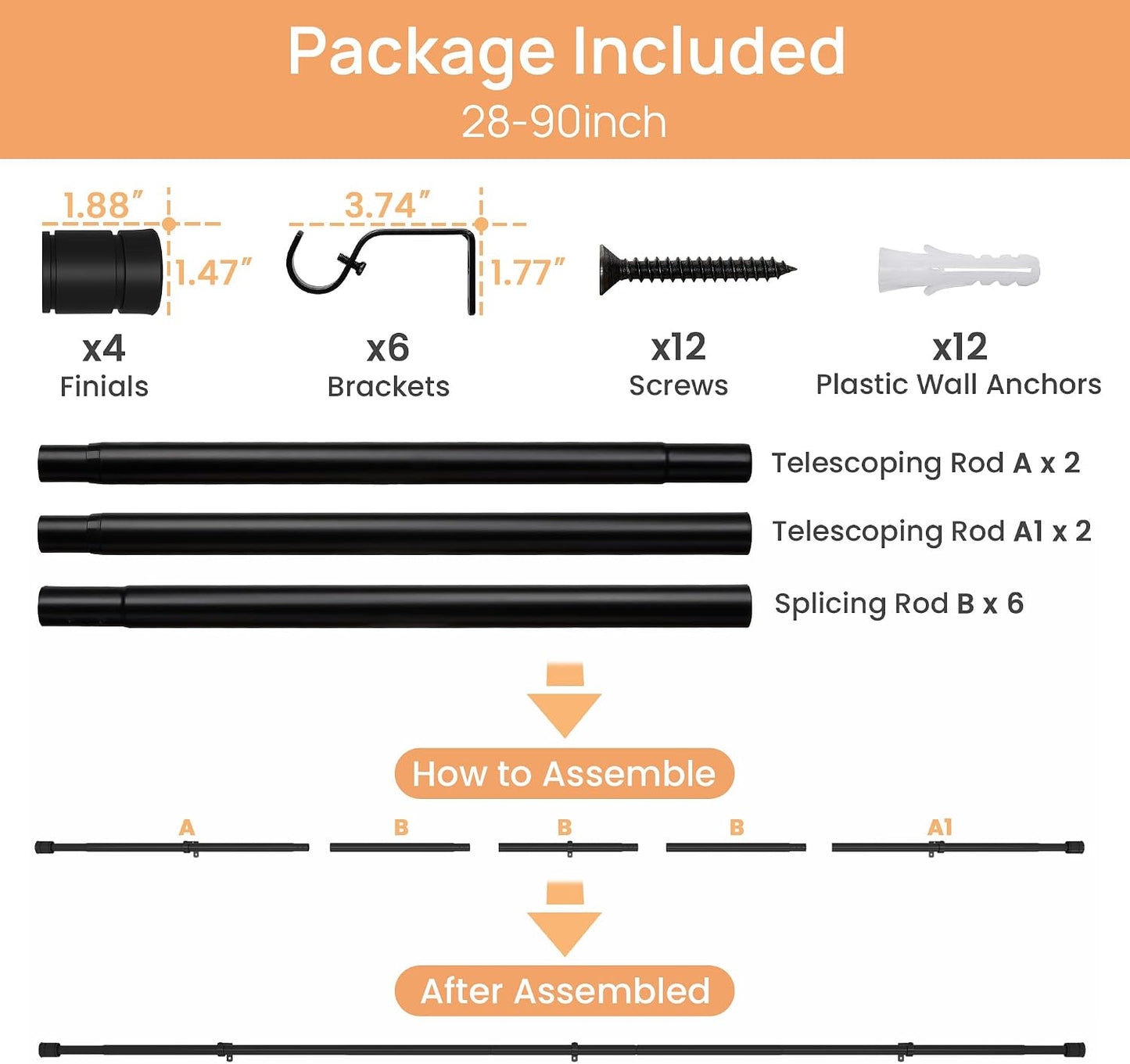 upsimples 2-Pack Matte Black Curtain Rods – Adjustable 28–90 Inch Heavy-Duty 1-Inch Drapery Rod Set