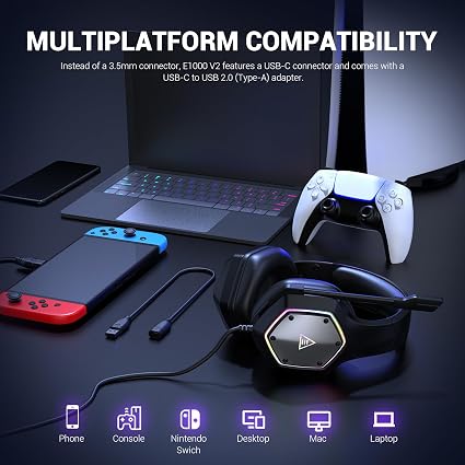 EKSA E1000 V2 Wired Gaming Headset – USB-C and USB-A PC Headset with 7.1 Surround Sound, RGB Lighting and Noise-Canceling Mic