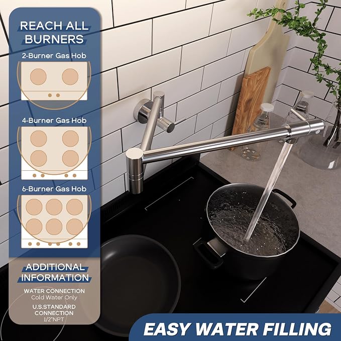 VMASSTONE PM002 Wall-Mount Pot Filler Faucet – Chrome Polished Brass Folding Kitchen Faucet with Dual Swing Arms, 360° Rotation & 2 Handles