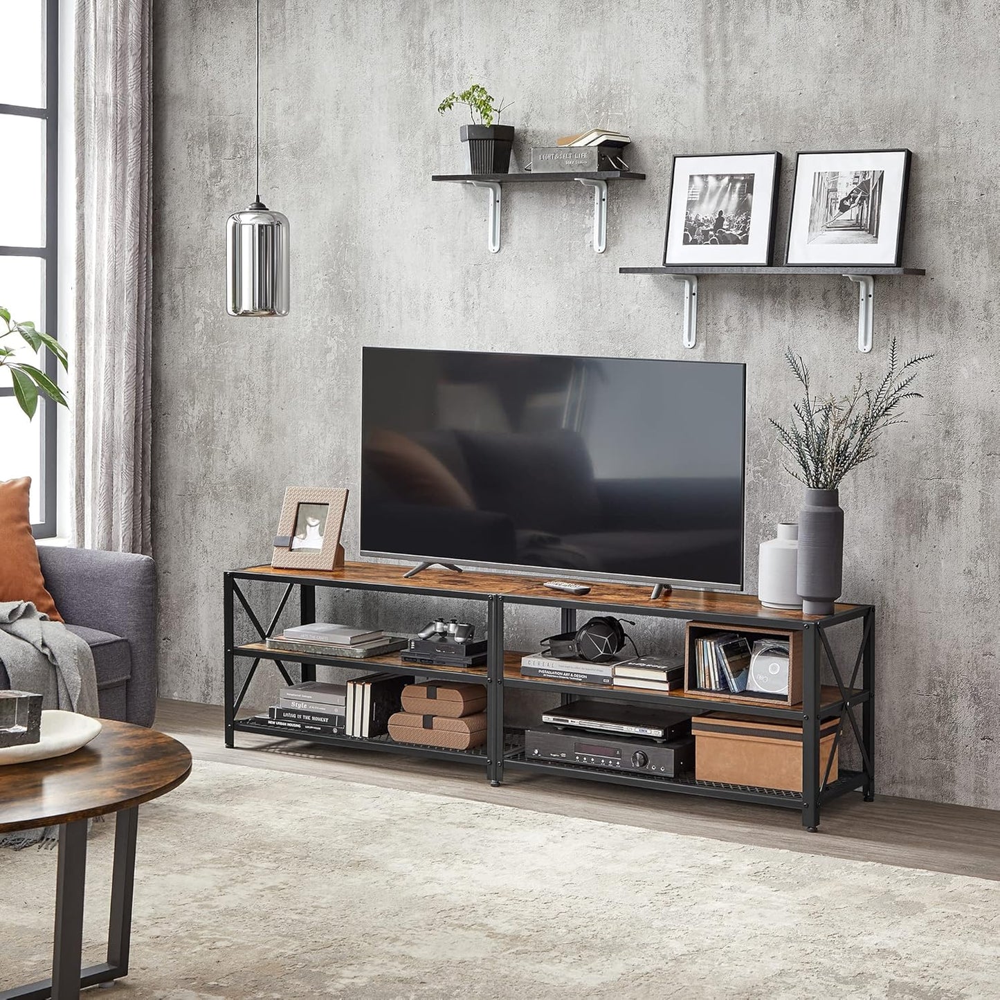 75 Inch Industrial TV Stand with Storage Shelves, Entertainment Center with Steel Frame and Mesh Shelf for Living Room and Bedroom Rustic Brown and Black LTV096B01 - with | Sold by Uncle Wiener's Wholesale