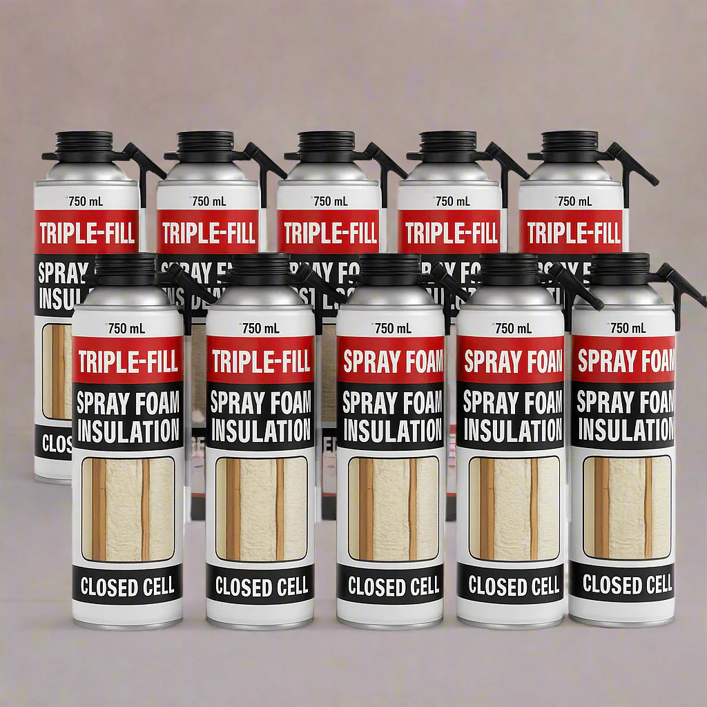 Closed Cell Spray Foam Application on Wall Studs
750 mL Triple-Fill PU Spray Foam Can – Front View
12-Pack Triple-Fill Foam Cans for Insulation
Polyurethane Foam Spray – High Expansion Sealant
Thermal & Acoustic Insulation for Construction Projects