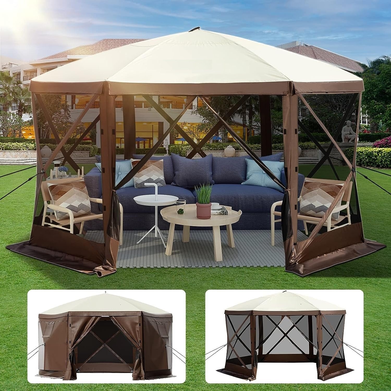 hexagon pop up tent 8-Person 12x12 FT Hexagon Pop-Up Gazebo Tent – Mesh Sides & UV Protect – Uncle Wiener's Wholesale