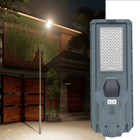 800W All - in - One Solar LED Street Light with Arm & Bracket β Motion Sensor, Remote, 3000 Lumens, IP65 Outdoor Light QYJM03800 - with | Sold by Uncle Wiener's Wholesale