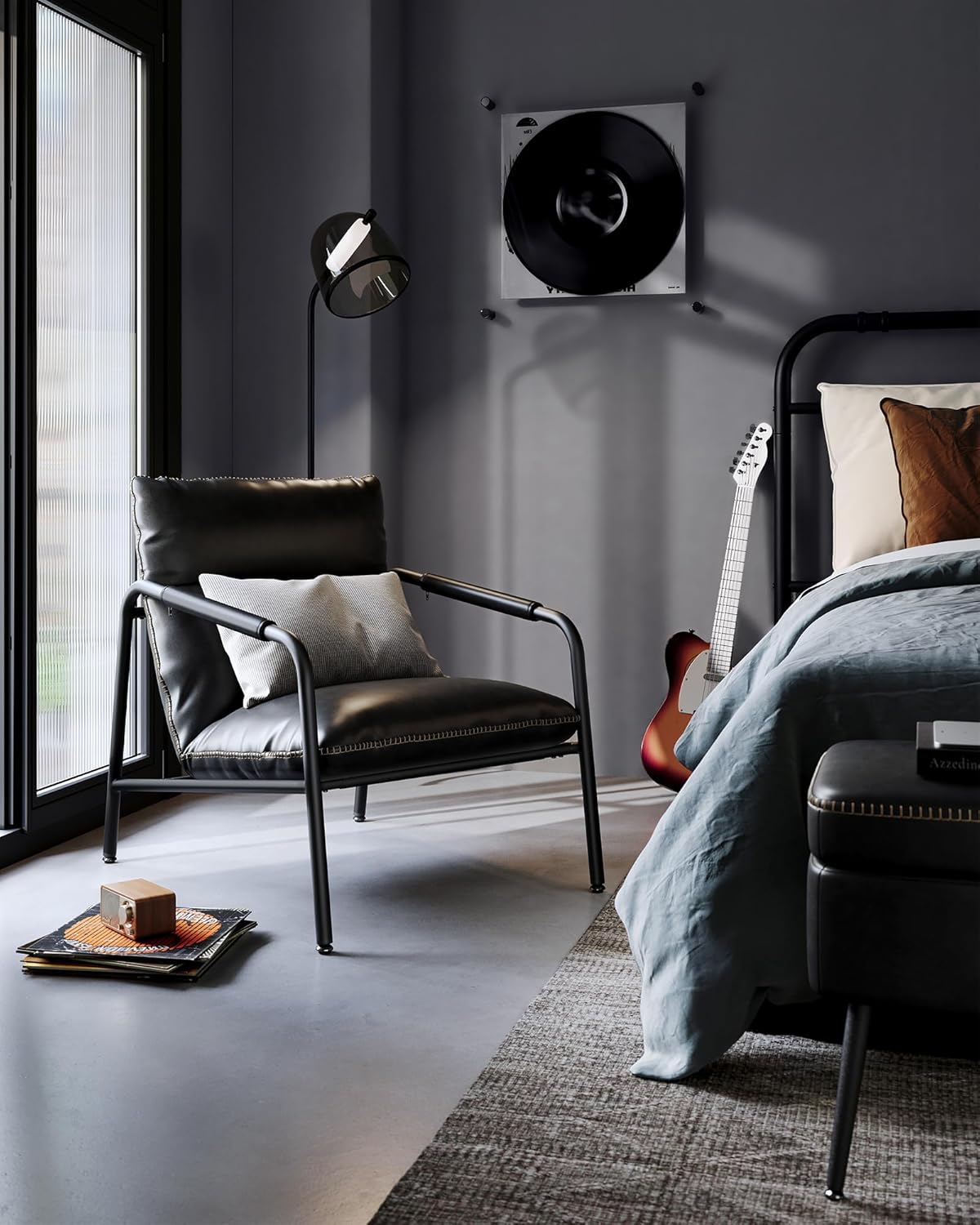 Mid-Century Modern Lounge Chair with Faux Leather Upholstery and Metal Frame, Accent Armchair for Living Room, Bedroom and Reading Nook Ink Black LAC014B01V1