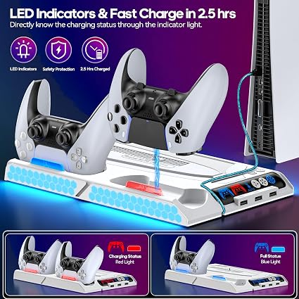Tokluck PS5 Cooling Stand & Controller Charging Station – Vertical Dock with Auto Temperature-Controlled Fan, 9 RGB Lighting Modes & USB Hub for PS5, PS5 Slim and PS5 Pro