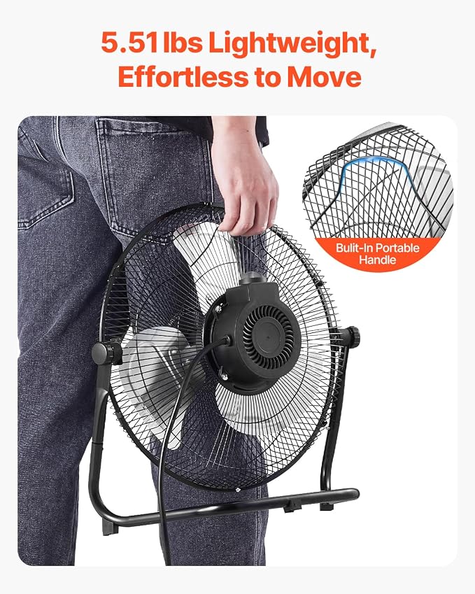 VEVOR 14-Inch High Velocity Industrial Floor Fan – 2560 CFM Heavy Duty 3-Speed Metal Shop Fan with 360° Adjustable Tilt