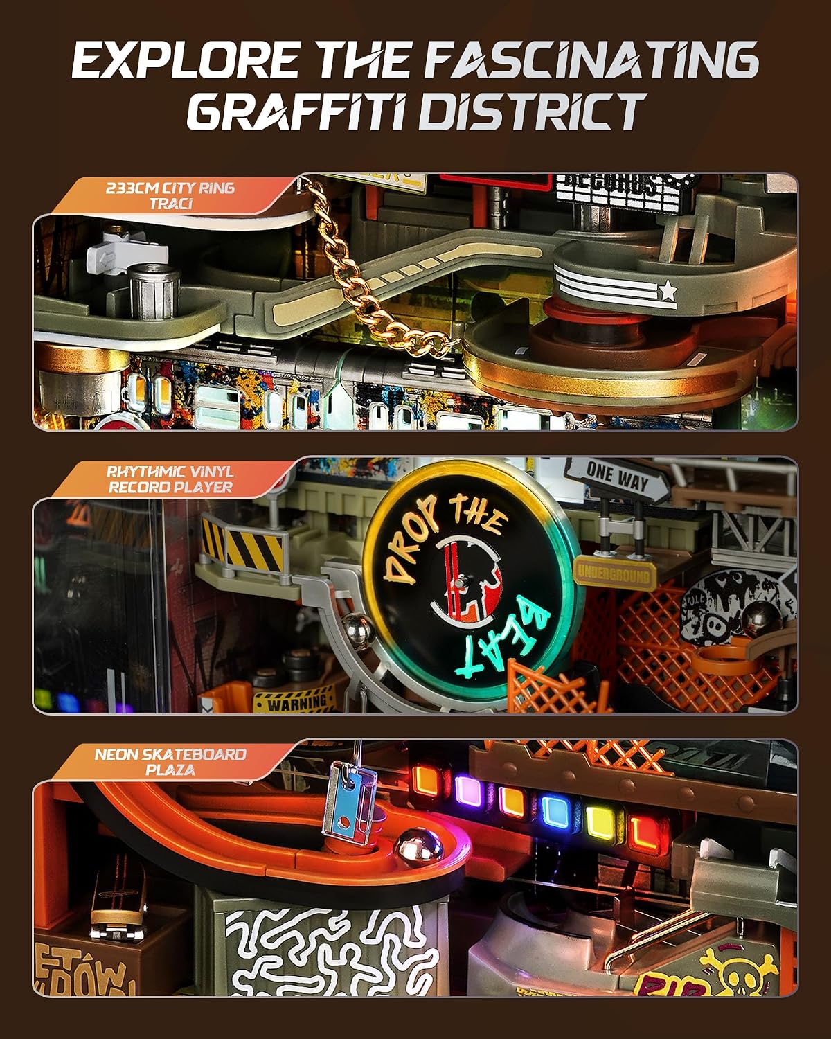ROBOTIME MR03S Hip-Hop World 3D Wooden Puzzle Marble Run – Light-Up DIY Bookshelf Model Building Kit