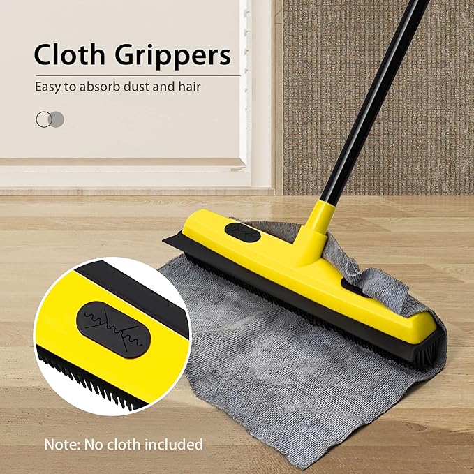 JEHONN Rubber Broom with Squeegee Pet Hair Remover 134CM Long Handle Carpet Rake for Floor and Window Cleaning