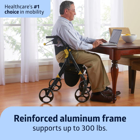 Medline Premium Empower Folding Mobility Rollator Walker with Memory Foam Seat, Black, 300 lb. Weight Capacity, 8” Wheels, Cupholder,Rolling Walker for Mobility Impairment, Adjustable Handles