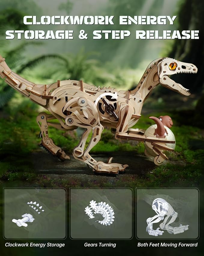 ROBOTIME 3D Wooden Velociraptor Puzzle – Walking Mechanical Dinosaur Model Building Kit with Spring-Powered Gears, STEM Craft Toy